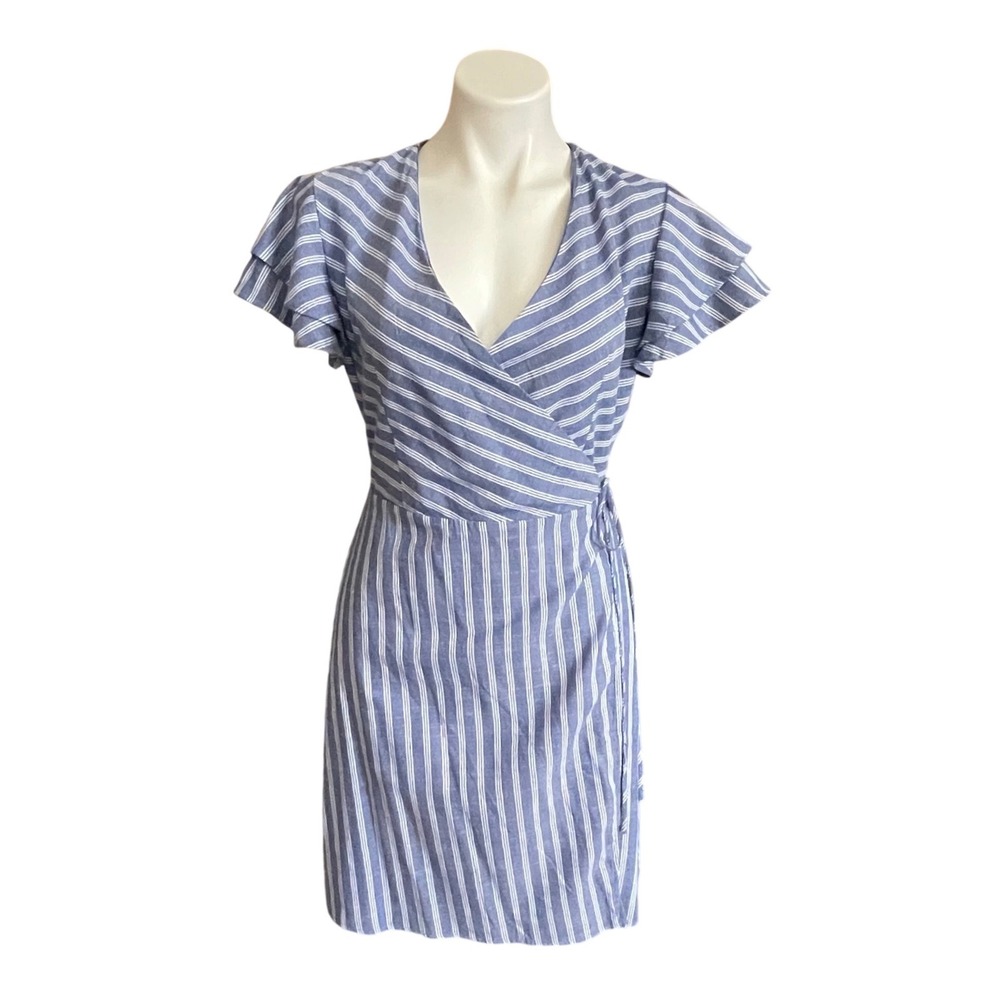 Harper Heritage Francescas Blue White Striped Flutter Sleeve Wrap Dress L Large